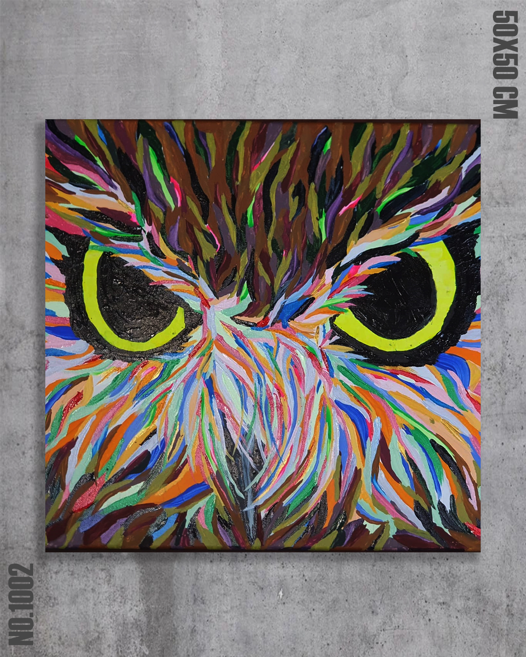 Close-up detail of Night Watcher by Diego Palencia, showing layered acrylic brushwork