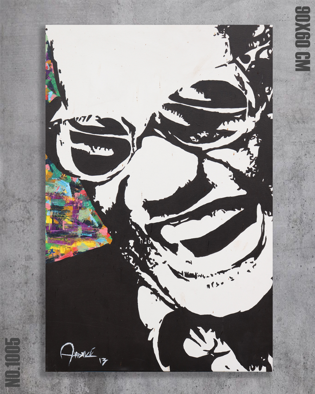The Legend, original black-and-white acrylic portrait by Diego Palencia interrupted by an explosion of color.